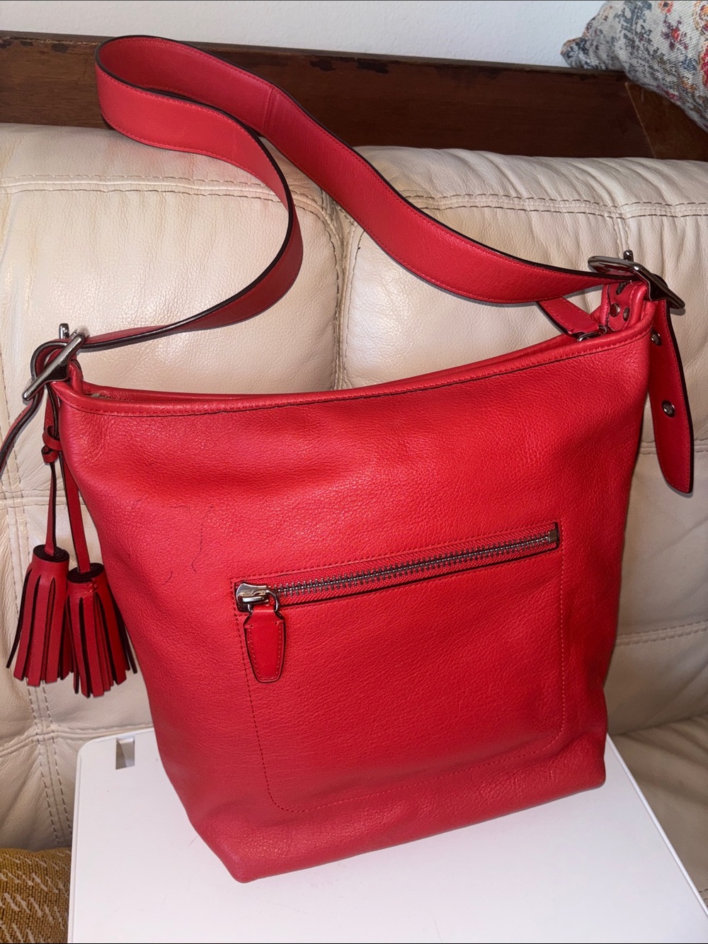 COACH Red Leather Tassel 2WAY Shoulder Bag Authentic Large Leather Tote - Picture 6 of 14
